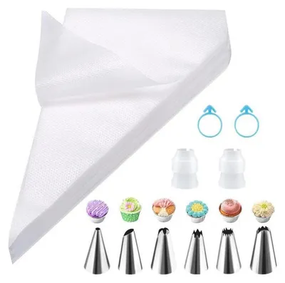 Immagine prodotto di Set di sacchetti per decorazioni (100 pezzi). Sacchetti monouso da 25,5 x 15,5 cm, con 6 bocchette e adattatore