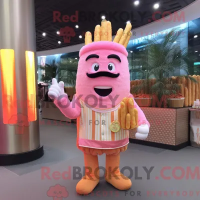 Immagine prodotto di Personaggio mascotte REDBROKOLY di una patatine fritte rosa vestita con gilet e braccialetti