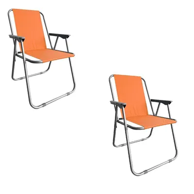 Two orange camping chairs are shown against a white background.