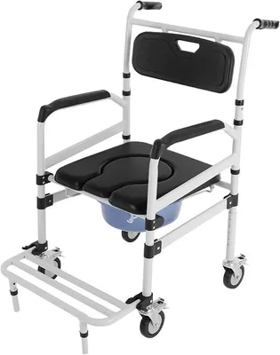 Produktbild von Duschstuhl, Toilettenstuhl mit Rollen und Sicherheitsgurt, Tragfähigkeit 100kg, Armlehnen und Sitzhöhe Einstellbar, für Patienten, Senioren, Behinderte