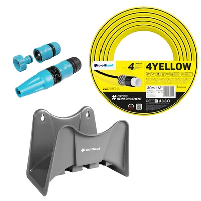 Obrázek produktu pro Zahradní hadice Cellfast 4YELLOW, 1/2", 30 m + držák hadice Cellfast (šedý) + set základních postřikovačů Cellfast (1/2")