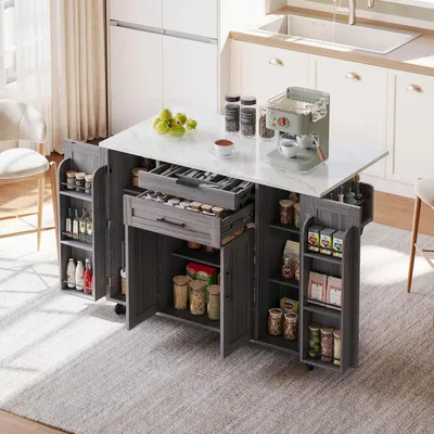 Produktbild von Mobile Kücheninsel mit Rollen, ausziehbarer Arbeitsplatte und verdeckter Besteckschublade, verstellbaren Einlegeböden, Gewürzregal und Handtuchhalter (Grau, 136x70x92CM)