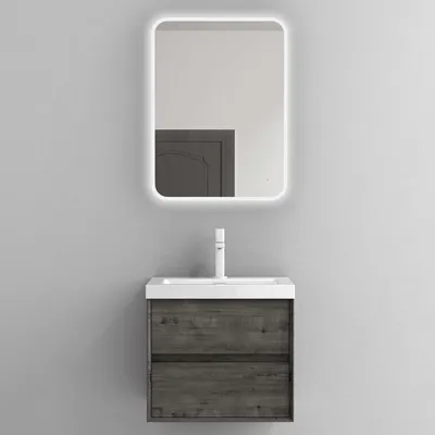 Produktbild von Mai & Mai Badmöbelset Badezimmermöbel Waschbeckenunterschrank 2 Schubladen mit Soft-Close inkl. Waschbecken und LED-Badspiegel Grau-braun 60 cm Rimo