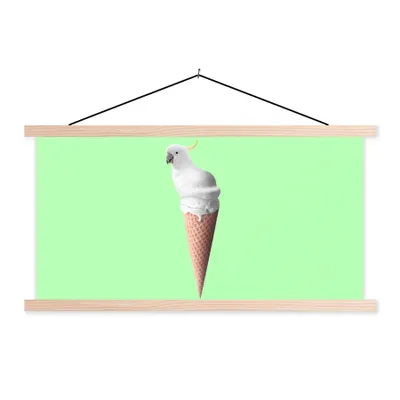 Produktbild von MuchoWow® Textilposter Papagei - Eistüten - Eiscreme - Weiß - Grün 120x60 cm mit holzfarbenen Rahmen - Klemmleiste