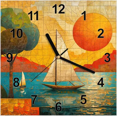 Produktbild von Wanduhr aus Glas mit Motiv Segelboot im Sonnenuntergang- 30 x 30 cm - inkl. Aufhängesystem