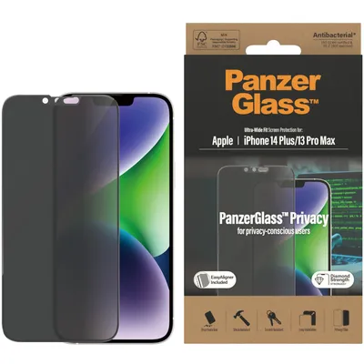 Obrázek produktu pro PanzerGlass ® Privacy Screen Protector iPhone 14 Plus | 13 Pro Max | Ultra-Wide Fit w. EasyAligner, Apple, Apple - iPhone 14 Plus, Apple - iPhone 13 Pro Max, Aplikace nasucho, Odolné proti poškrábání, Odolný proti nárazům, Antibakteriální, Průhledná, 1 kusů