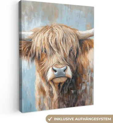 Produktbild von Wanddeko 30x40 cm - Schottisches Hochlandrind - Tiere - Kuh - Straßenkunst, Deko Wohnzimmer, Leinwand Bilder