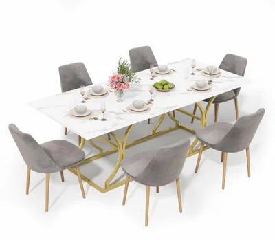 Produktbild von Esstisch 200×80cm,für 8–10 Personen,modernes Design in Marmoroptik,2,5cm dicke Tischplatte,wasserfest und kratzfest,goldfarbene Metallbeine mit verstellbaren Gleitern,geeignet für Wohnzimmer und Essbe