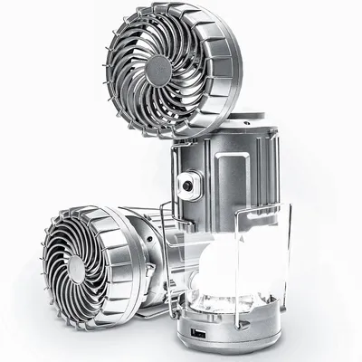 Produktbild von 2er Set Solar Campinglampe mit Ventilator, USB Wiederaufladbare Zeltlampe 3 Energiequellen Hängelampe für Camping Notfall Angeln