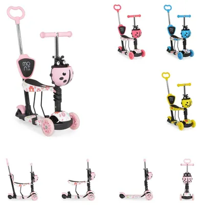 Produktbild von Moni Kinderroller Lollipop 3 in 1 Schiebestange, Sitz, PolyurethanVorderräder mit LED rosa
