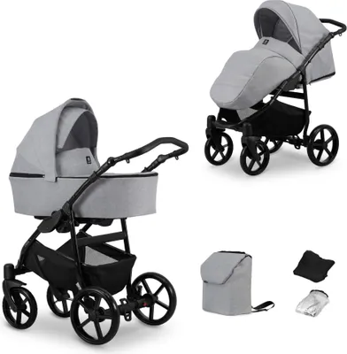 Produktbild von Kinderwagen MATA Sportwagen Babywagen Babyschale Komplettset Kinder Wagen Set 2 in 1 (grau, Rahmenfarbe: Schwarz)
