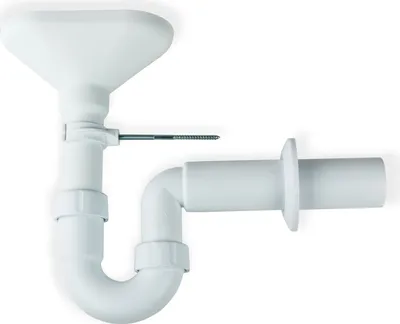 A white plumbing trap with a funnel-shaped inlet and an outlet pipe.