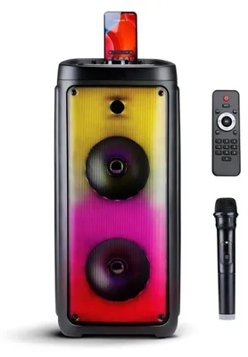 Produktbild von Bluetooth Lautsprecher mit Mikrofon Musikbox mit Stimmungsbeleuchtung - Party Box und Karaoke Mikrofon - Bluetooth, Aux und USB-Eingänge - Leicht zu Transportieren mit Griff - Schwarz