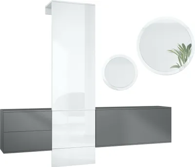 Produktbild von Vladon Garderoben-Set DualVista, bestehend aus 1 Garderobenpaneel, 1 Schubkastenschrank, 1 Schrankmodul und 2 Spiegel, Anthrazit matt/Weiß Hochglanz