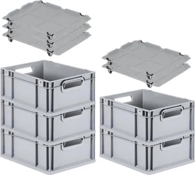 Produktbild von SparSet 5x Eurobox NextGen Economy mit Auflagedeckel und 4x Schiebeschnappverschlüsse Schwarz | Griffe offen | HxBxT 17x30x40cm | 16 Liter | Eurobehälter, Transportbox, Transportbehälter, Stapelbehälter