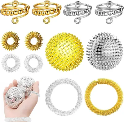 Produktbild von 2 Stk Igelball Massage + 10 Stk Kleine Akupressur Ring Finger + 2 Große Massage Bracelets + 2 Ringe, Akupressurring Finger Massageringe,Für Stress Relief Oder Massage Hilft (Silber)