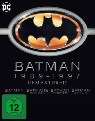 The image is a promotional graphic for a Batman movie collection. It features the Batman logo prominently, along with the collection title and individual movie titles. A rating symbol is also visible.