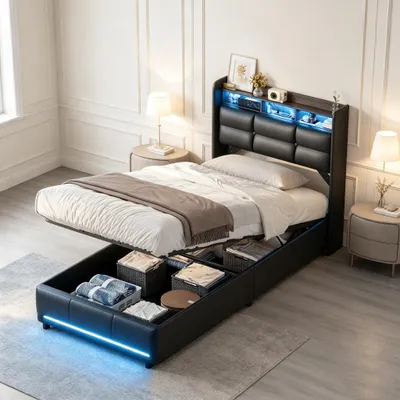 Produktbild von INONEFT Polsterbett 90x200cm mit LED und USB, Einzelbett, hydraulisches Stauraumbett mit Stauraum und Lattenrost,Boxspringbett, Jugendbett,PU,Schwarz