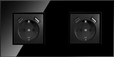 Produktbild von 2-fach Steckdose + USB-A/C Schwarz Komplett mit Glasrahmen Schuko 230V QUADRA
