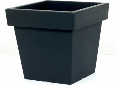 A dark gray square planter pot is shown against a white background.