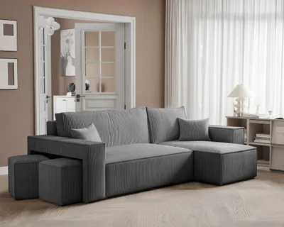 Produktbild von Idohome–Moderne Ecksofa PARIS mit Hockern mit Schlaffunktion, L-förmigen, Universale Couch, Bettcouch - Farbe: Dunkelgrau Poso 34