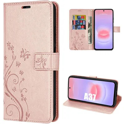 Image de Coque pour Samsung Galaxy A37 5G, Anti-Rayures Protection 360 Effet Cuir Rose Motif Plante Papillon