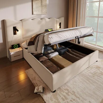 Productafbeelding van Linnen gestoffeerd bed met opbergruimte en leeslamp, USB-C oplaadfunctie, stevig houten en metalen frame, modern design, zonder matras, 160x200, beige