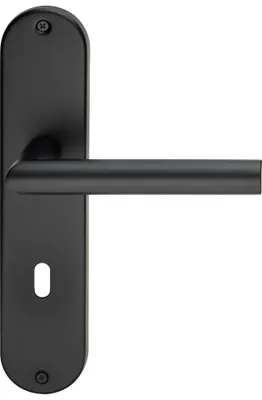 A black door handle set on a white background.