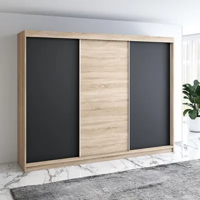 Produktbild von Schwebetürenschrank, 3-türig Schrank mit 4 Schubladen! Moderne Garderobe für Kleidung. Verschiedene Farben (Weiß, Schwarz, Somona) Kleiderschrank  MERO 200 cm