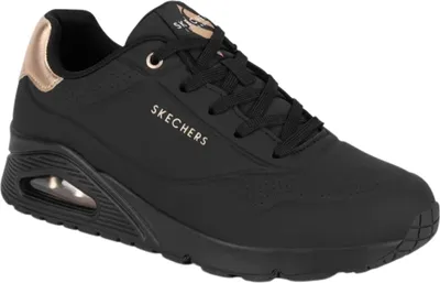A black Skechers sports shoe with rose gold accents.