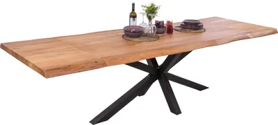 Produktbild von Esstisch Baumkante Akazie natur 200 (300) x 100 Spider-Gestell schwarz mit Ansteckplatten CALI