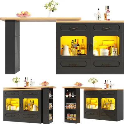 Obrázok produktu pre Rozťahovací barový stôl s úložným priestorom (135-203 × 39 × 92,8 cm) , 360° otočný jedálenský stôl, vhodný do spálne, jedálne, teleskopický barový stôl s LED