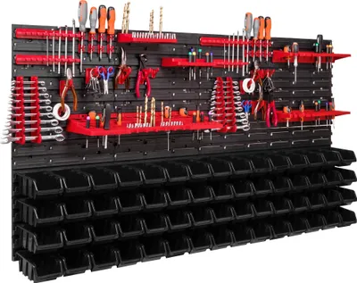 Obrázek produktu pro 60 stohovacích boxů Nástěnné držáky nářadí Dílenská police Nástěnná police na nářadí 156x78cm Skladovací systém držáků nářadí Hromadný skladovací regál Vizuální úložné boxy Extra silné nástěnné panely Police Rozšiřitelná dílenská police Skladovací re
