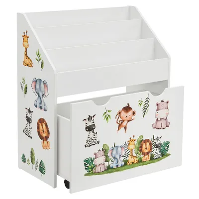 Immagine prodotto di Libreria Kinder con 3 scomparti e contenitore per giocattoli in legno, dimensioni 63x30x70 cm (larghezza x profondità x altezza). Ideale per riporre libri e giocattoli nella cameretta dei bambini. Colore: bianco