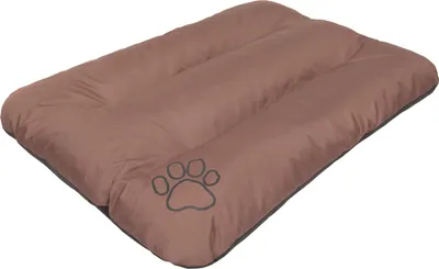 A brown dog bed with a paw print logo is shown from a slightly elevated angle against a white background.