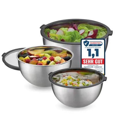 Produktbild von TOPANBIETER 999 Premium Edelstahl Schüssel Set 3 Stück mit Deckel-Frischhalteschüsseln 6-teilig, Rührschüssel luftdichte Aufbewahrungsdeckel stapelbar, spülmaschinengeeignet, innenliegende Skalierung- 1,2 ,4,5l