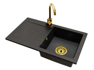 Produktbild von Granit Küchenspüle Einbecken mit Abtropffläche LEON + Armatur Siphon Gold