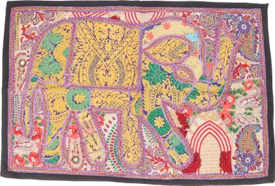 Produktbild von Indischer Wandteppich Patchwork Wandbehang Elefant/Tischläufer Einzelstück 90*65 cm - Muster 28, Mehrfarbig, Baumwolle, Wandtaschen & Wandbehänge
