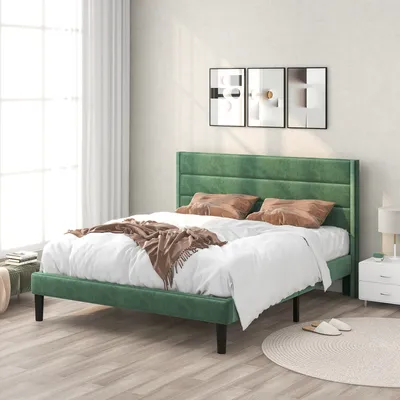 Produktbild von MODFU Polsterbett Doppelbett 140x200cm Leinen Jugendbett mit Lattenrost und Kopfteil, Dunkelgrün(Ohne Matratze)
