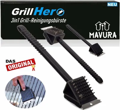 Immagine prodotto di GrillHero 3in1 Spazzola per la pulizia del grill Spazzola professionale per grill Griglia in acciaio inossidabile