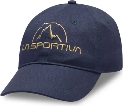 Dunkelblaue Baseballmütze mit goldenem Logo von La Sportiva; geeignet für Outdoor-Aktivitäten.