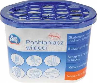 A product shot of a moisture absorber container with text and icons.