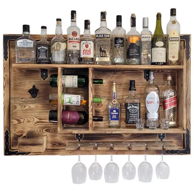 Image de Bar à domicile Étagère suspendue pour bouteilles d'alcool Vin Whisky Style rustique