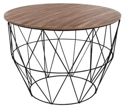 Produktbild von Beistelltisch im Loft-Stil, Kaffeetisch, Korbtisch aus Metall, rund, mit Holzplatte, schwarz
