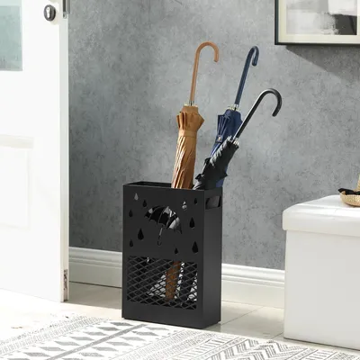 Immagine prodotto di SONGMICS Portao ombrelli in metallo, portao ombrelli rettangolare, con vaschetta raccogliacqua rimovibile, 4 ganci, design con aperture