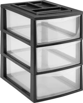 A three-drawer storage unit with a black frame and clear drawers, shown against a white background.