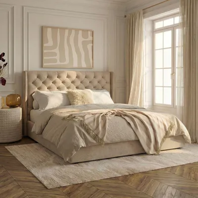 Produktbild von Polsterbett SAMPERI 180 x 200 cm, Beige - Bett 180x200 inklusivem Lattenrost, Velour Bett mit Chesterfield Steppung, stabiles Bettgestell, modernes Design für elegante Schlafzimmerkonzepte