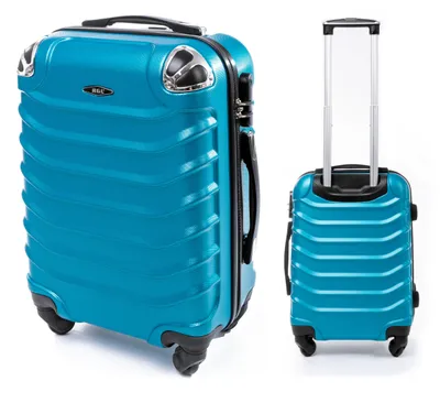 Two blue suitcases on a white background. One is shown upright with the handle extended, and the other is shown from the side.