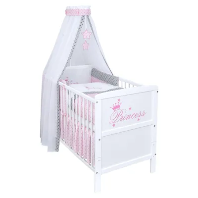 Produktbild von Baby-Delux Babybett Kinderbett Natalie Princess 140×70 Weiß Beißschienen Komplett Bettset Princess Stars mit Matratze