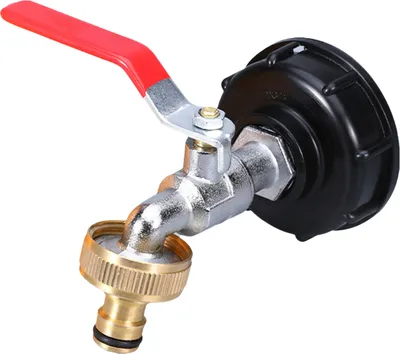 A close-up studio shot of a water faucet adapter for an IBC tank.